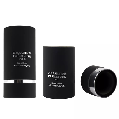 Empaquetado de tubo de perfume redondo negro superior plano con inserto de EVA Empaquetado de tubo cosmético de estampado de plata