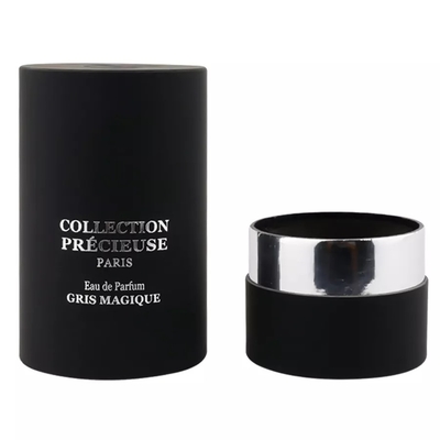 Empaquetado de tubo de perfume redondo negro superior plano con inserto de EVA Empaquetado de tubo cosmético de estampado de plata