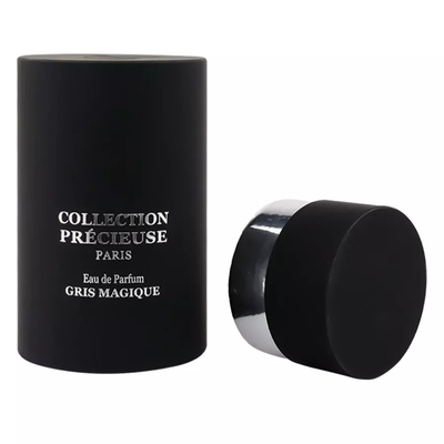 Empaquetado de tubo de perfume redondo negro superior plano con inserto de EVA Empaquetado de tubo cosmético de estampado de plata