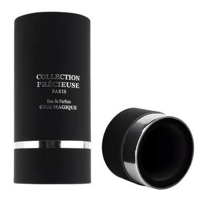 Empaquetado de tubo de perfume redondo negro superior plano con inserto de EVA Empaquetado de tubo cosmético de estampado de plata